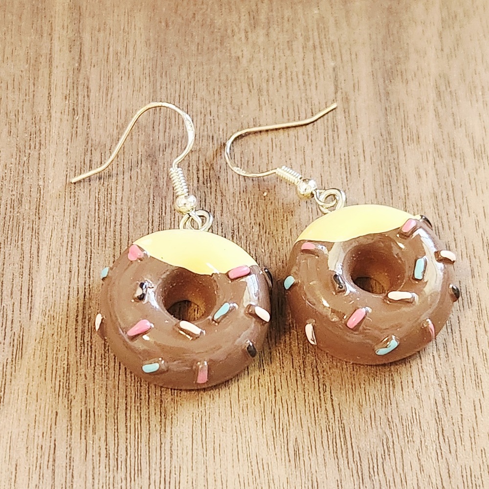 Handmade Chocolate Donut Dangle Earrings Brown Glazed Sprinkles Novelty Jewelry